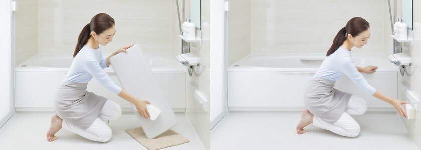 カウンターを外してまる洗いできるから、裏までピカピカに。洗いにくい壁や床もラクな姿勢で洗えます。