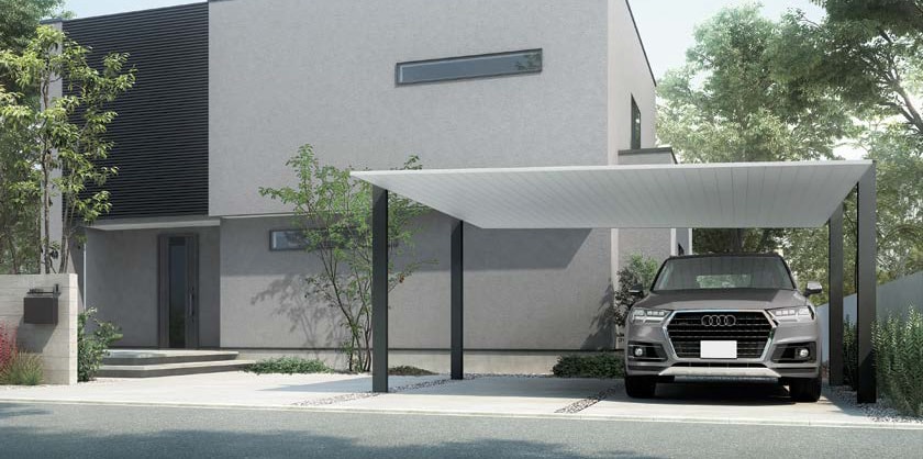 2台置きの駐車スペースも、すっきりと美しく。SC 2台用：54-50型　柱・梁：ブラック　屋根材：ナチュラルシルバーF