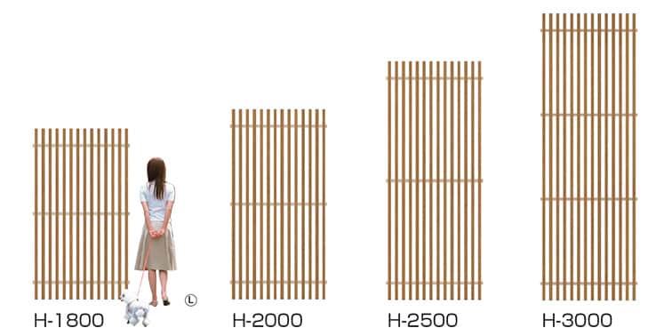 フェンスの高さは、1.8m、2.0m、2.5m、3.0mの4サイズ。柱ピッチはすべて2mで、設置場所に合わせて選ぶことができます。