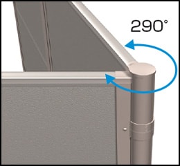 フリーコーナー支柱 H-1500〜H-3000で対応 丸支柱を使用し、70°〜290°の範囲で現場の角度に対応できます。