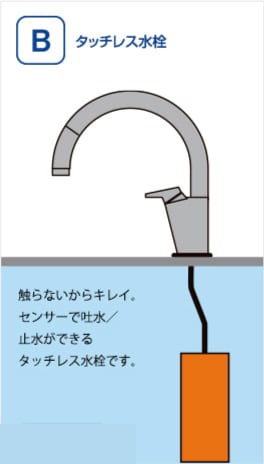 Bタッチレス水栓：触らないからキレイ。センサーで吐水／止水ができるタッチレス水栓です。【浄水器一体型】