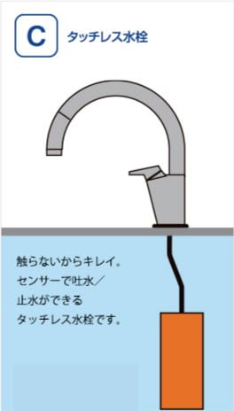Cタッチレス水栓：触らないからキレイ。センサーで吐水／止水ができるタッチレス水栓です。【浄水器一体型】