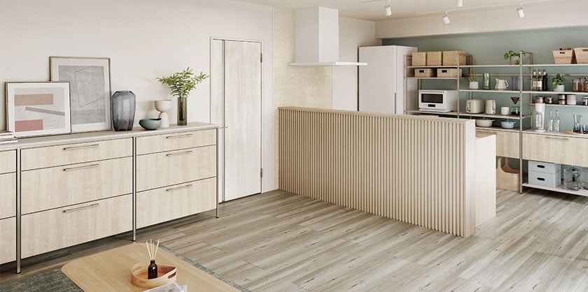 北欧系LDK。キッチンに特長的なエレメントを施すことでリビングには独立感を。