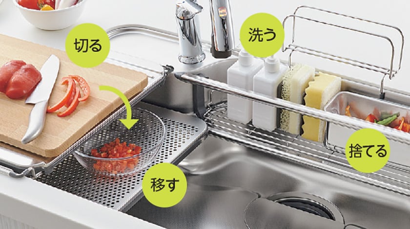 食材を洗う場所と下ごしらえの場所が近くなり、少ない動作で効率よく作業できます。