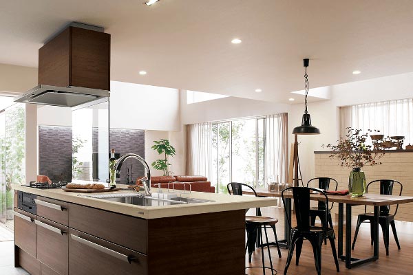 ダウンライト：天井に埋め込む照明器具でほこりが溜まりにくく空間の明るさを自由に設計できキッチンにもおすすめ。