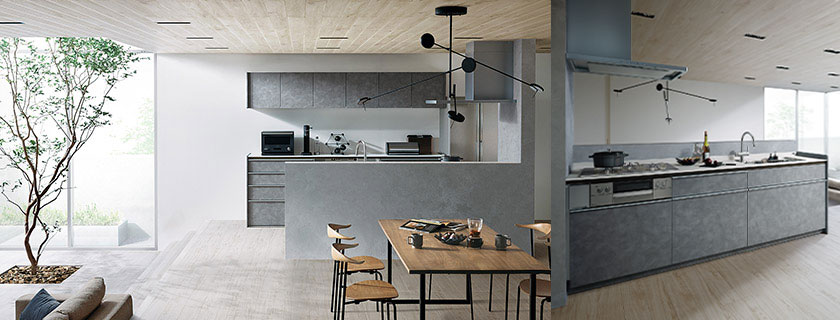 ミニマルな空間と相性のいい抽象柄のキッチンは住み手の価値観をいちだんと際立たせる。