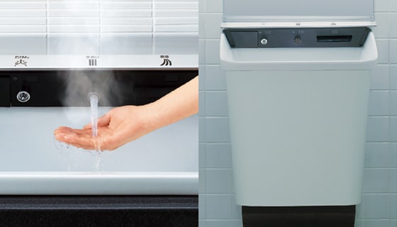 パブリックの洗面空間がさらに快適になる電気温水器付