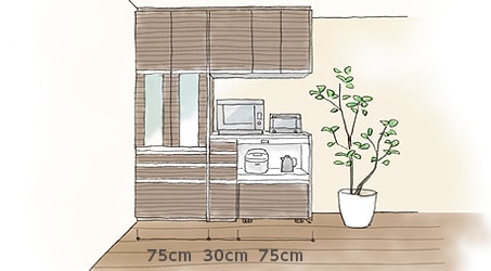 イラスト：電子レンジとトースターを並べて設置できる105cm幅のカウンターがあるキッチン収納