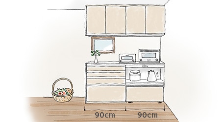 イラスト：作業スペースも確保できる180cm幅のカウンターを高めに設置したキッチン収納
