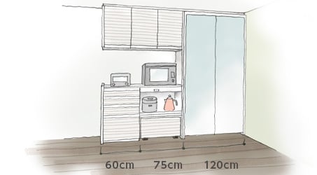 イラスト：135cm幅のカウンターのあるキッチン収納と120cm幅の大容量ストッカー