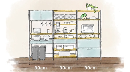 イラスト：キッチン家電や小物等をディスプレイ感覚で収納できるキッチン収納