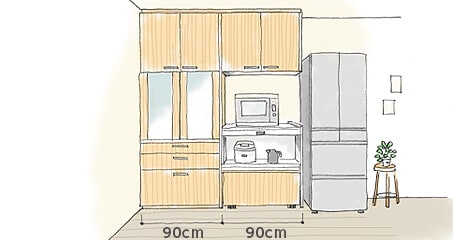 イラスト：90cm幅のカウンターに電子レンジ、その下段に炊飯器とポットを設置できるキッチン収納