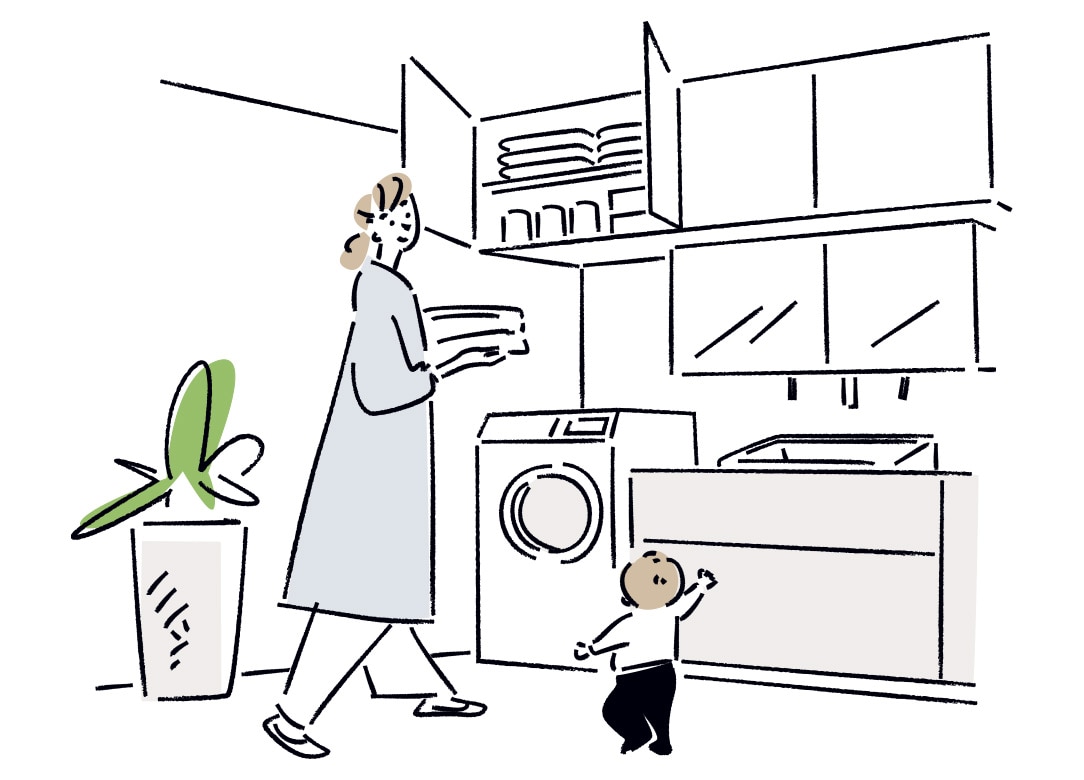 イラスト：洗濯機上の収納キャビネットを利用する様子
