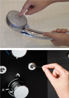 シャワーヘッドの中に網金具が入っている場合がある。針を奥までさして網金具に穴が空かないように注意する