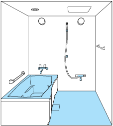 床、浴槽（水面部）、水栓（金属部分）、ドア、鏡、シャワーフック 等